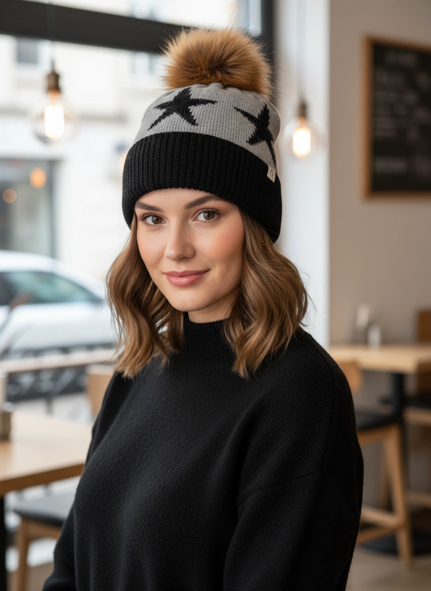 Cashmere Star PomPom Beanie