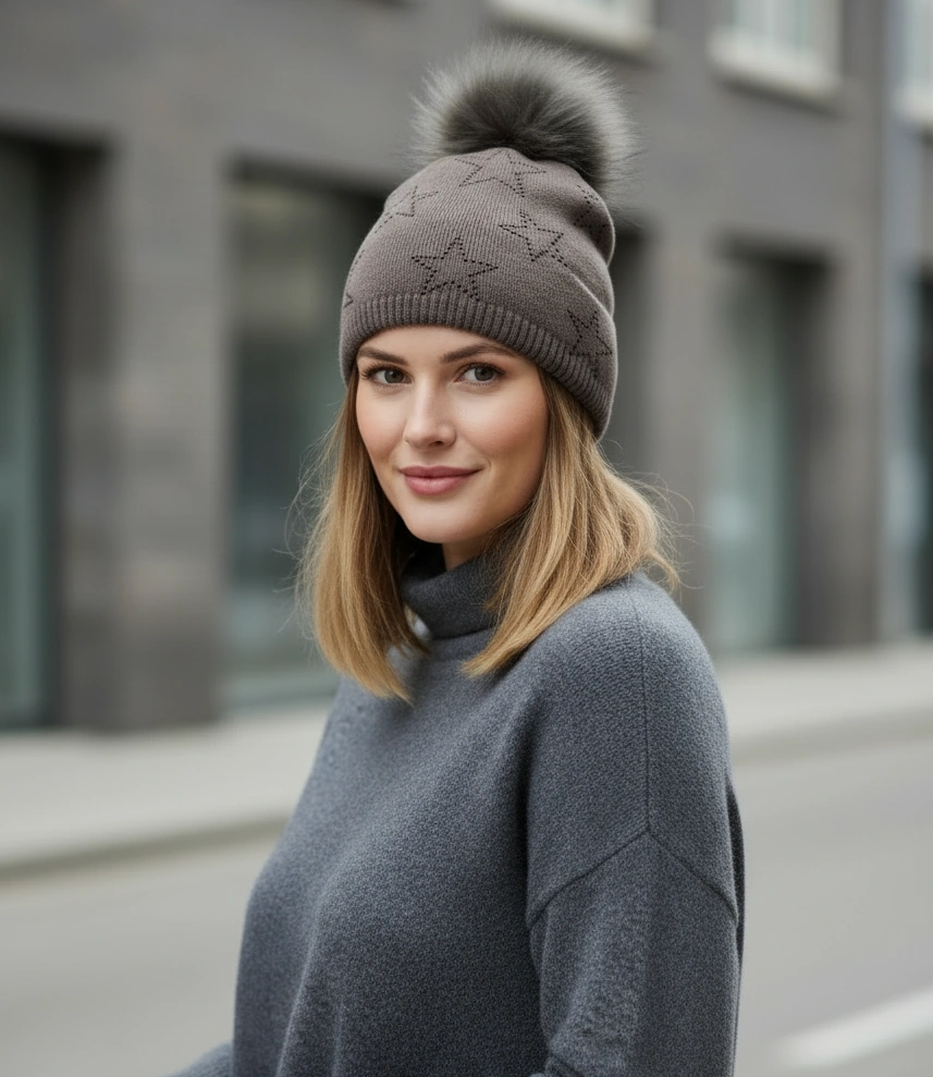 Embellished Star PomPom Beanie